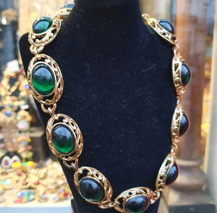 Statement Green Cabachon Glass Vintage Necklace