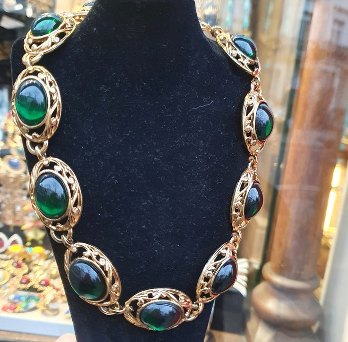 Statement Green Cabachon Glass Vintage Necklace