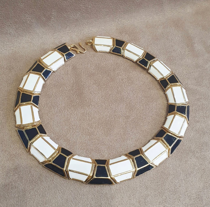 Vintage Statement Black and White Enamel Necklace By Essex