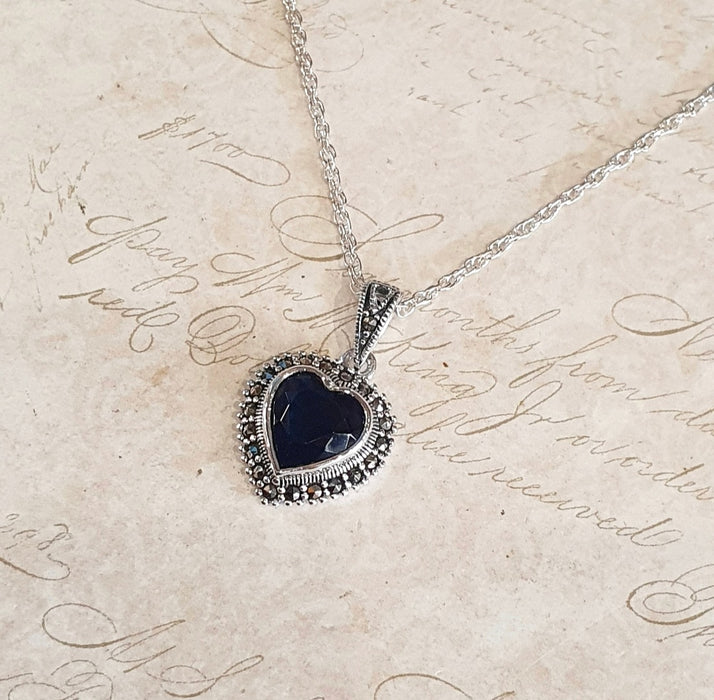 Sapphire Blue Heart Pendant Necklace Silver Marcasite