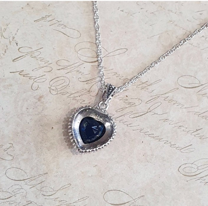 Sapphire Blue Heart Pendant Necklace Silver Marcasite