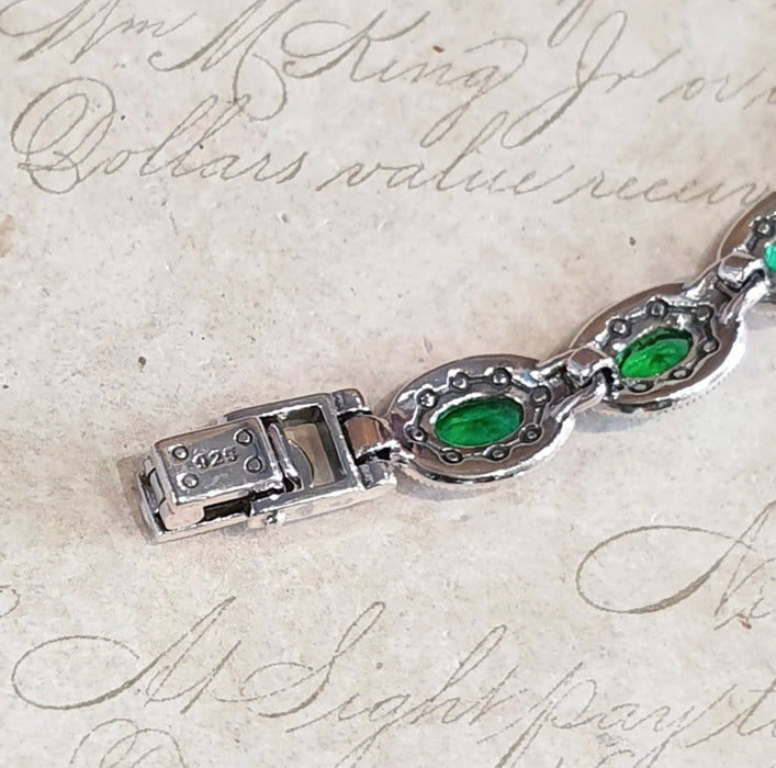 Emerald Green Bracelet Silver Marcasite Oval Stones
