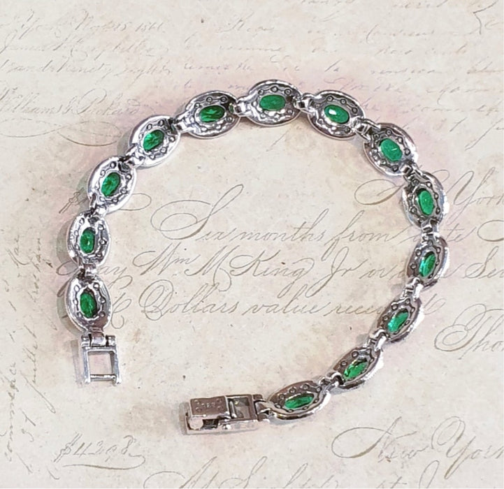 Emerald Green Bracelet Silver Marcasite Oval Stones