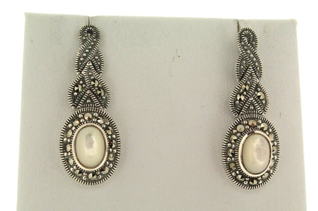 Silver Mother of Pearl Earrings Oval Marcasite Vintage Bride Wedding - The Hirst Collection
