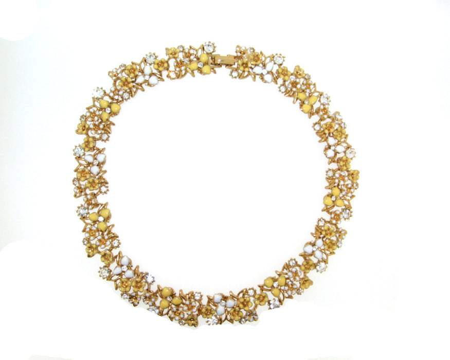 Vintage Style Yellow White Floral Enamel Gold Necklace - The Hirst Collection