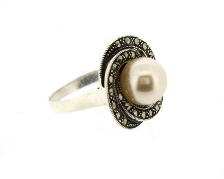 Art Deco Ring Silver Glass Pearl Marcasite - The Hirst Collection