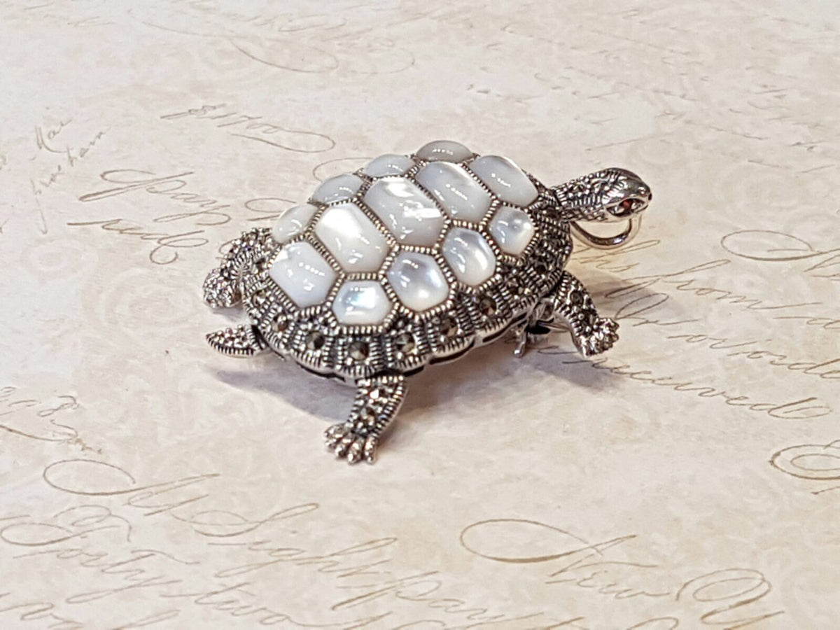 Tortoise Silver Brooch Pin in Mother of Pearl Marcasite