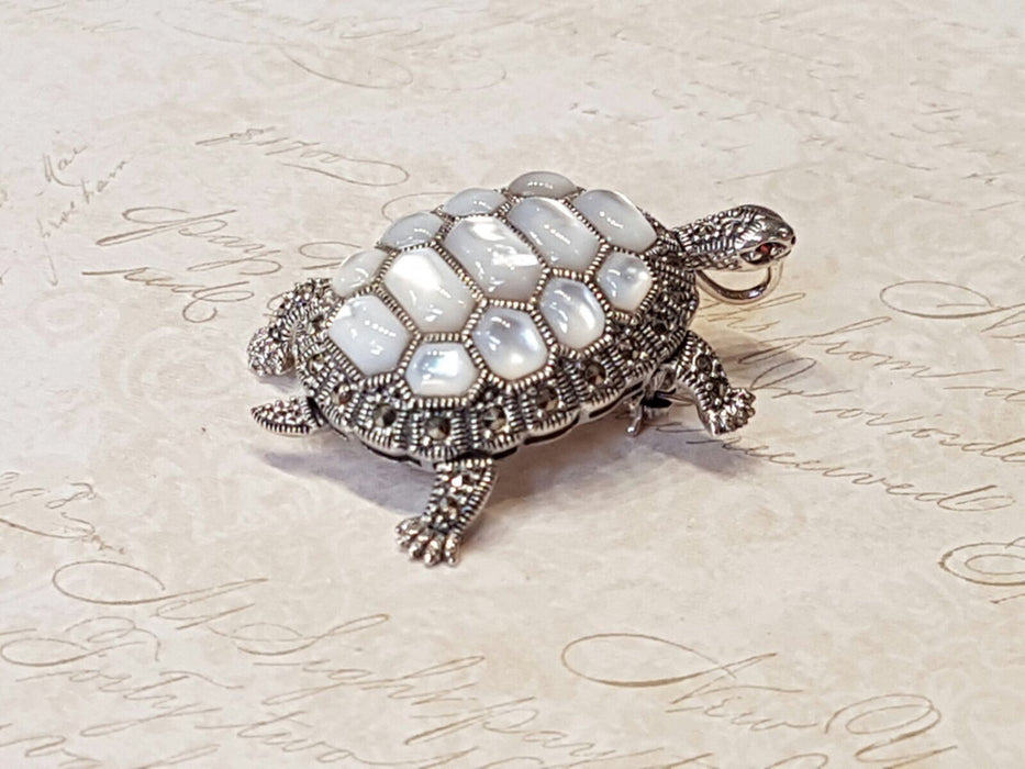 Tortoise Silver Brooch Pin in Mother of Pearl Marcasite - The Hirst Collection