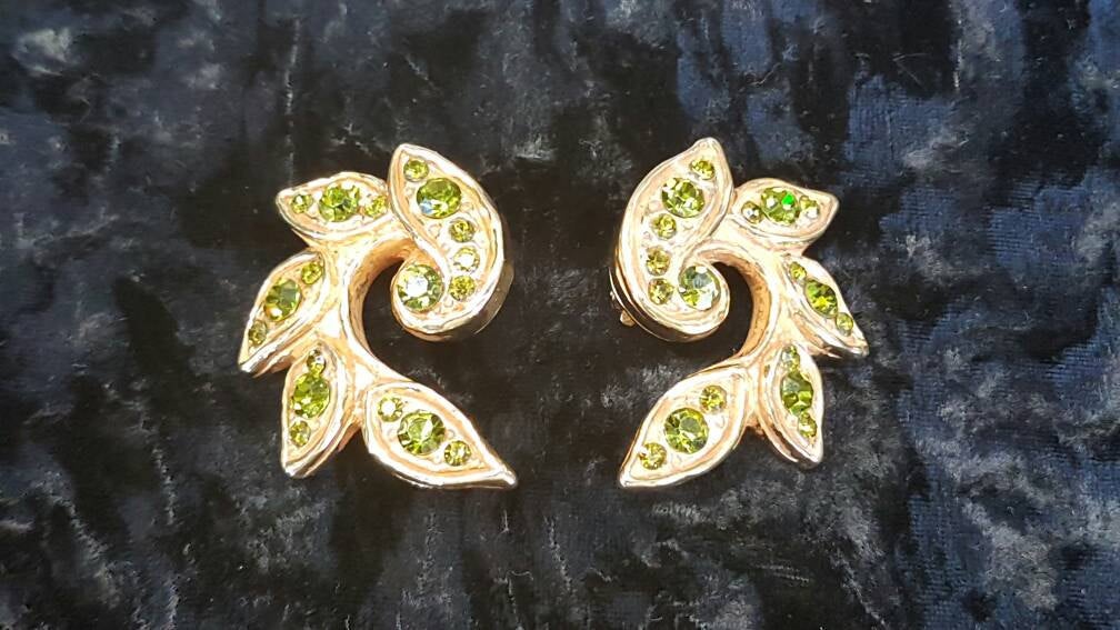 Vintage Christian Lacroix Earrings Gold Olive Green Crystal Clip on - The Hirst Collection