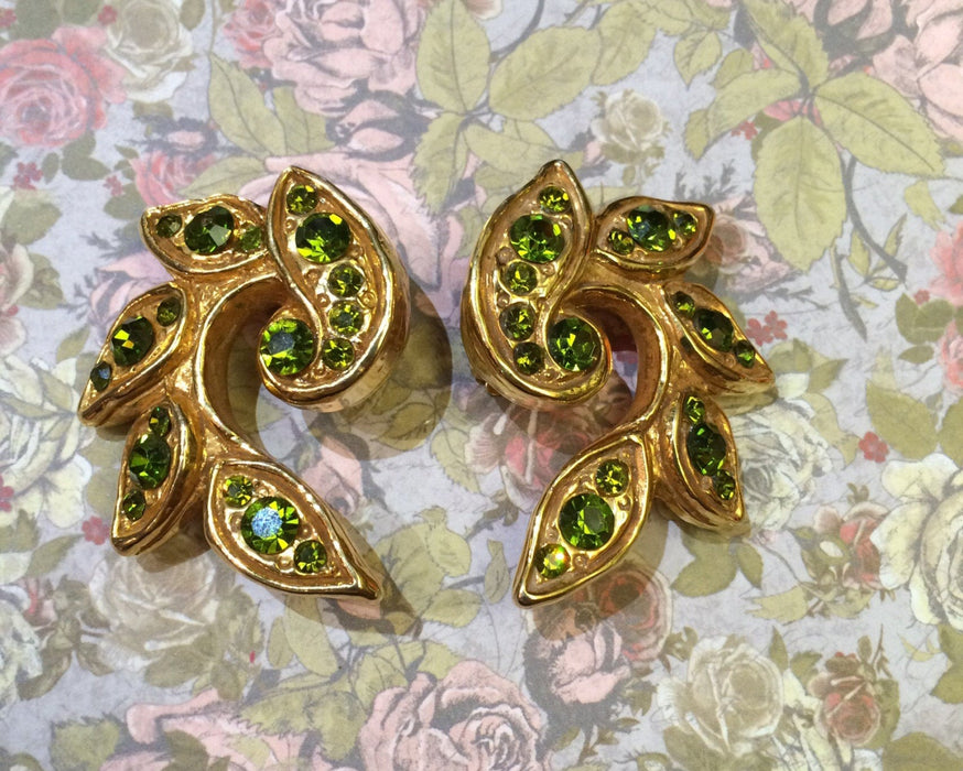 Vintage Christian Lacroix Earrings Gold Olive Green Crystal Clip on - The Hirst Collection