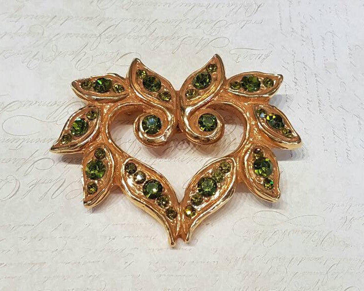 Christian Lacroix Brooch Gold Olive Green Crystal Vintage - The Hirst Collection