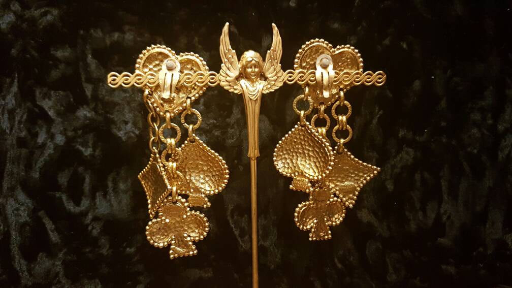 Edouard Rambaud Statement Chandelier Earrings Heart Gold Jewelled - The Hirst Collection