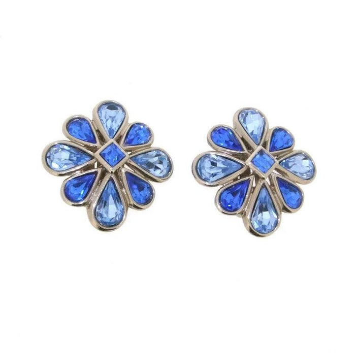 Vintage Yves Saint Laurent Earrings Silver and Blue Crystal Clip Ons - The Hirst Collection