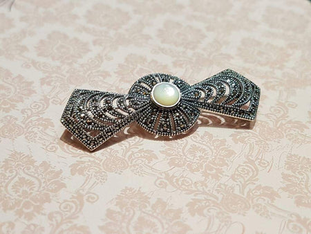Art Deco Brooch Silver Marcasite Mother of Pearl Bridal Pendant Pin Vintage Bride - The Hirst Collection
