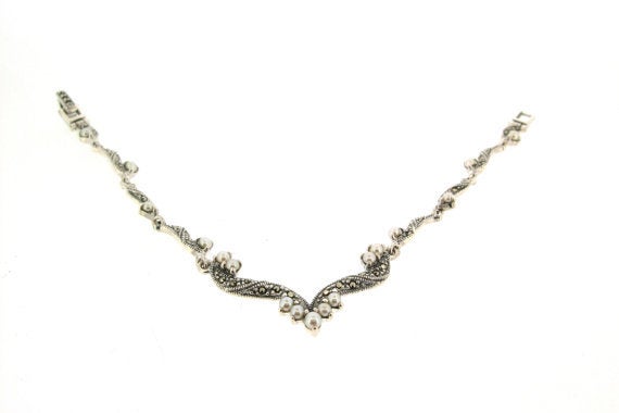 Pearl Necklace Silver Marcasite Bridal Vintage Wedding - The Hirst Collection