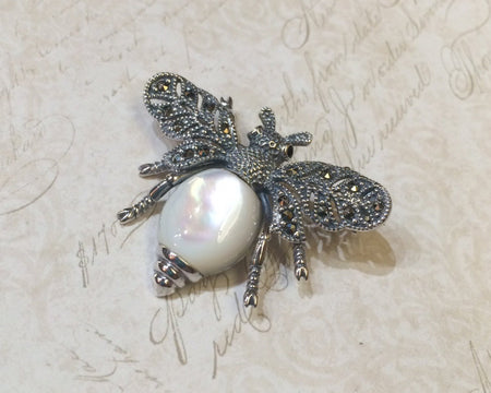 Bee Mother of Pearl Brooch Silver Marcasite - The Hirst Collection