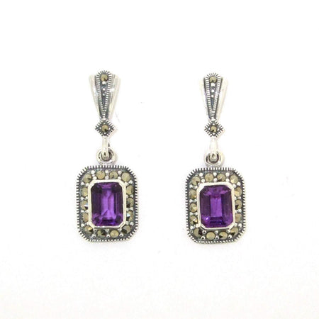 Art Deco Amethyst Earrings Silver Marcasite Square Purple Crystal - The Hirst Collection