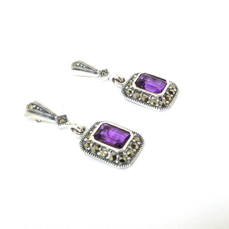 Art Deco Amethyst Earrings Silver Marcasite Square Purple Crystal - The Hirst Collection