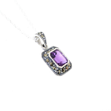 Art Deco Amethyst Pendant Necklace Silver Marcasite Square Purple Crystal - The Hirst Collection