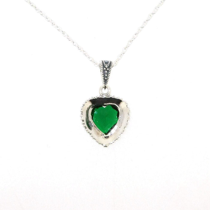 Emerald Green Heart Pendant Necklace Silver Marcasite on chain - The Hirst Collection
