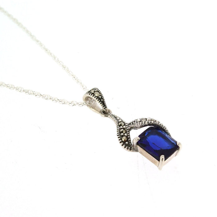 Silver Marcasite Art Deco Pendant Necklace Blue Sapphire Crystal Vintage Wedding Bridal Bridesmaid - The Hirst Collection