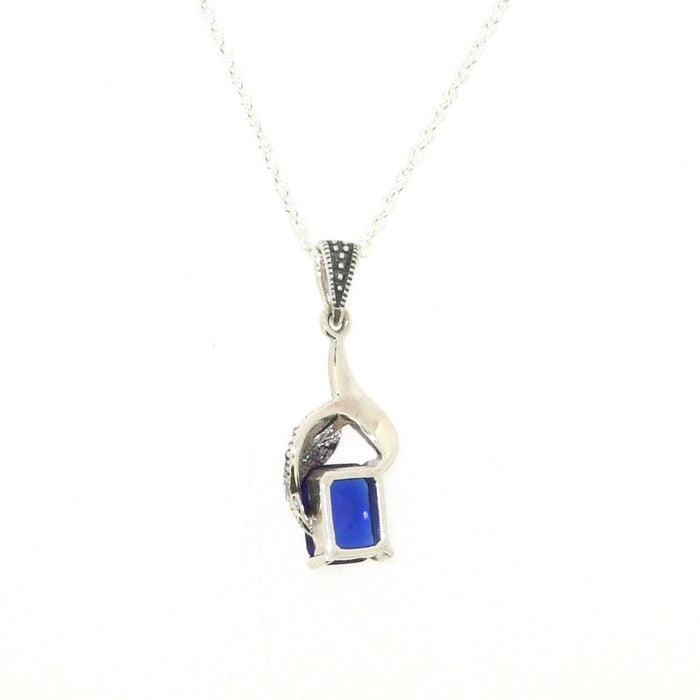 Silver Marcasite Art Deco Pendant Necklace Blue Sapphire Crystal Vintage Wedding Bridal Bridesmaid - The Hirst Collection