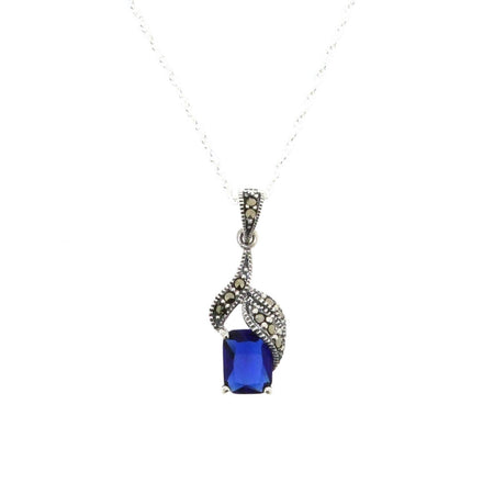 Silver Marcasite Art Deco Pendant Necklace Blue Sapphire Crystal Vintage Wedding Bridal Bridesmaid - The Hirst Collection