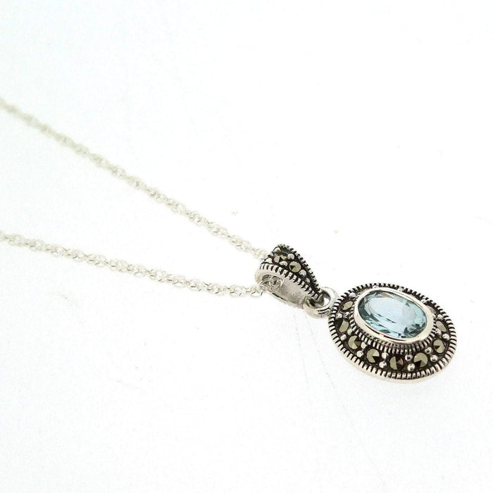 Blue Topaz Pendant Necklace Silver Marcasite on chain Cubic Zirconia - The Hirst Collection