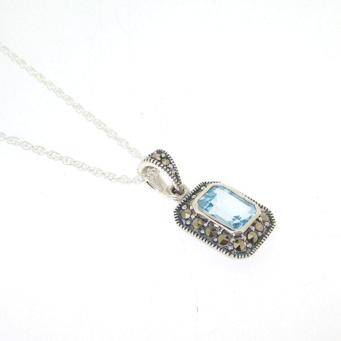 Art Deco Pendant Blue Topaz Necklace Silver Marcasite Bridal Vintage Bride - The Hirst Collection