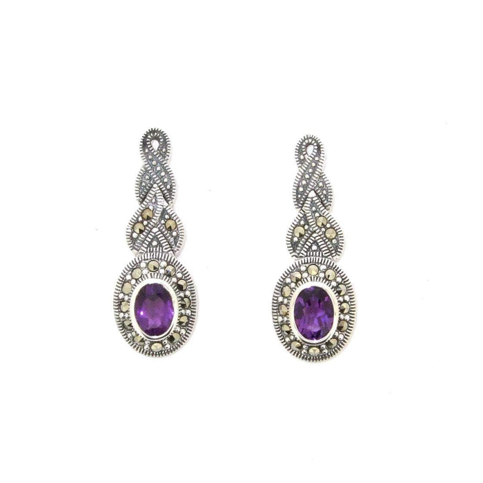 Amethyst silver Marcasite plait oval Earrings - The Hirst Collection