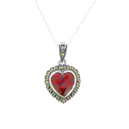 Red Heart Pendant Necklace Silver Marcasite on chain - The Hirst Collection