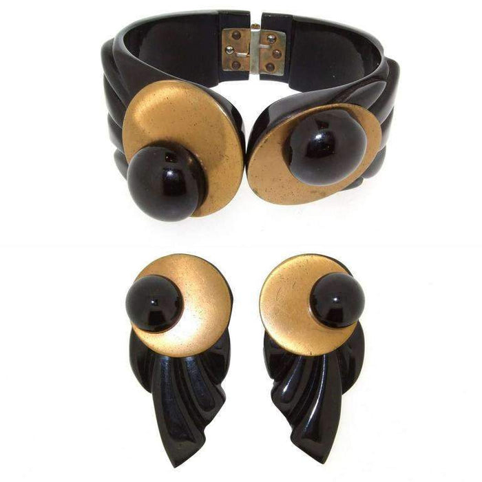 Art Deco Bakelite Bracelet Dress Clip Set Black and Gold - The Hirst Collection