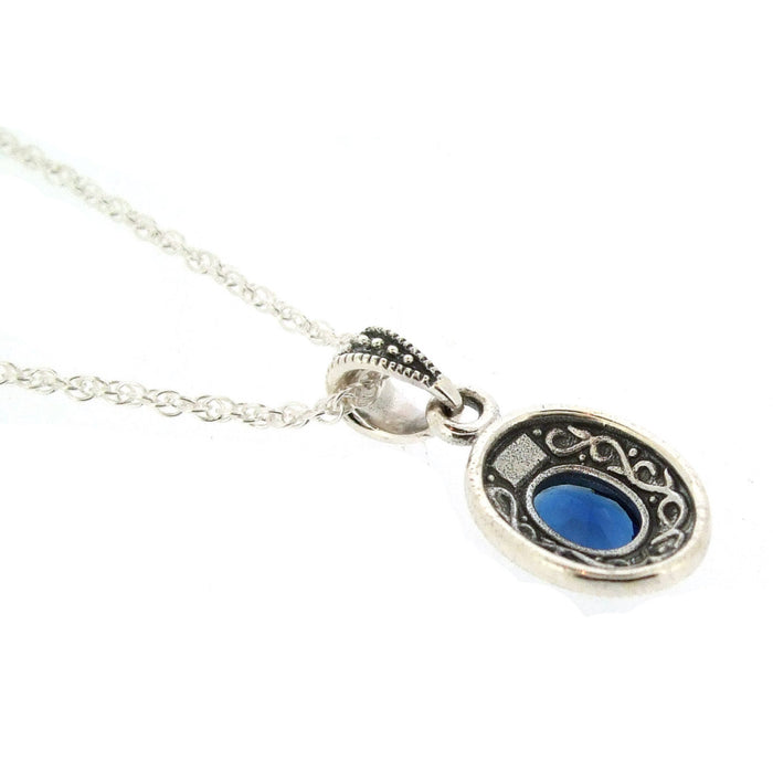 Sapphire Blue Pendant Necklace Silver Marcasite on chain Cubic Zirconia - The Hirst Collection