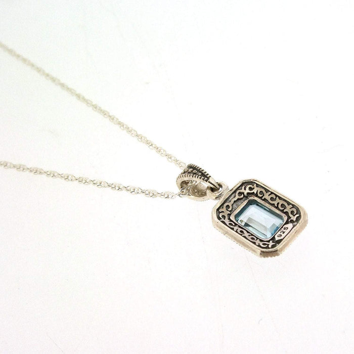 Art Deco Pendant Blue Topaz Necklace Silver Marcasite Bridal Vintage Bride - The Hirst Collection