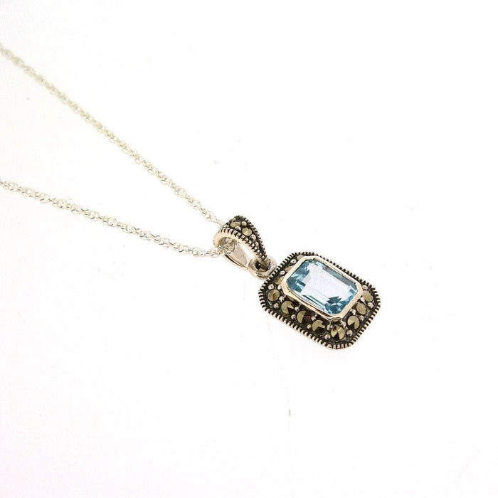 Art Deco Pendant Blue Topaz Necklace Silver Marcasite Bridal Vintage Bride - The Hirst Collection