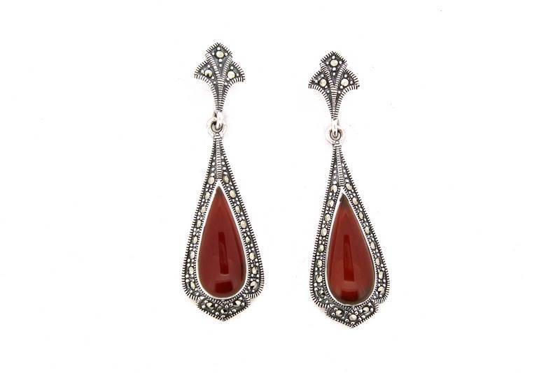 Carnelian Earrings Red Agate Silver Marcasite - The Hirst Collection