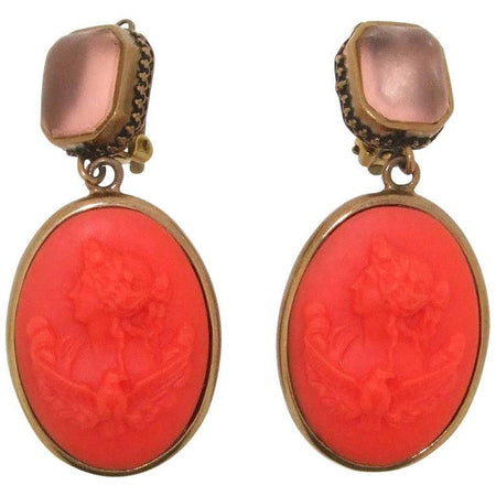 Extasia Cameo Earrings Coral German Glass Bronze Pink Swarovski Crystal Clip On - The Hirst Collection