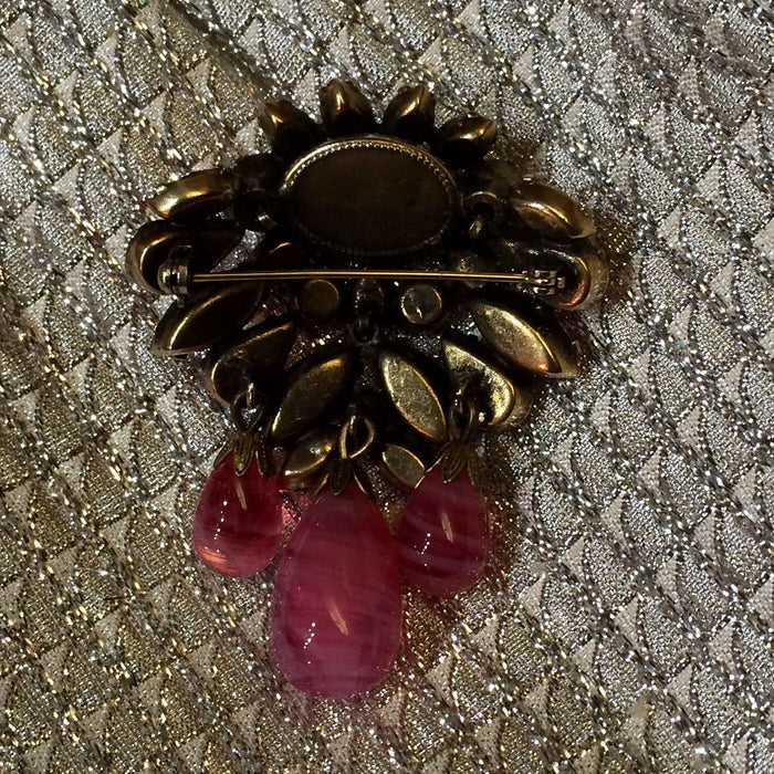 Pink crystal vintage brooch with triple drop - The Hirst Collection