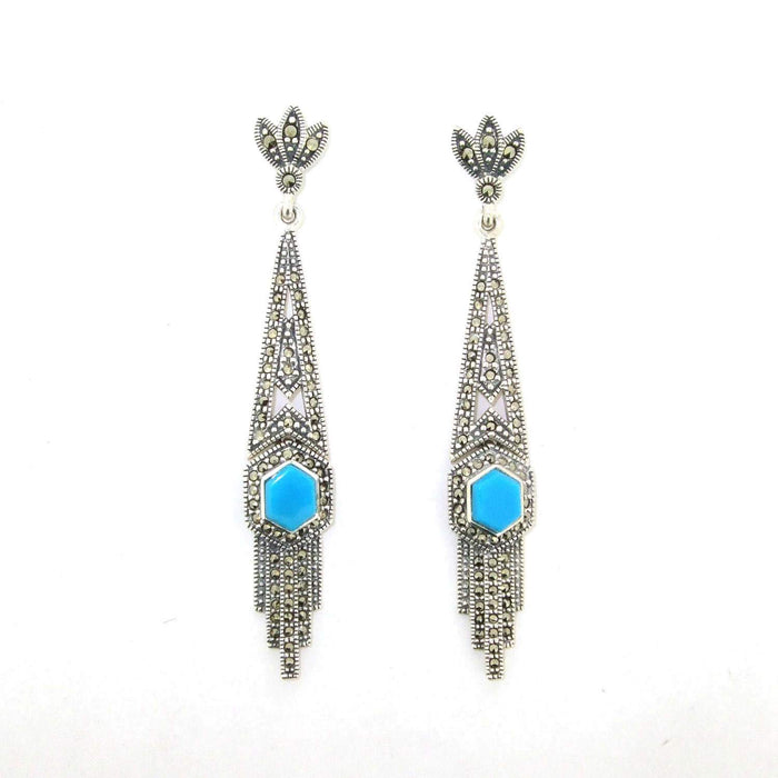 Art Deco Earrings Blue Turquoise Silver Marcasite - The Hirst Collection