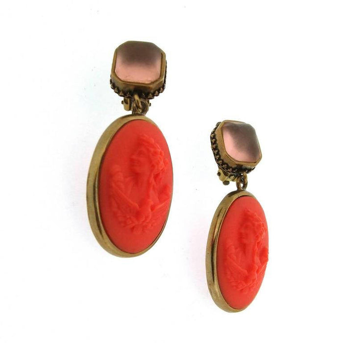 Extasia Cameo Earrings Coral German Glass Bronze Pink Swarovski Crystal Clip On - The Hirst Collection