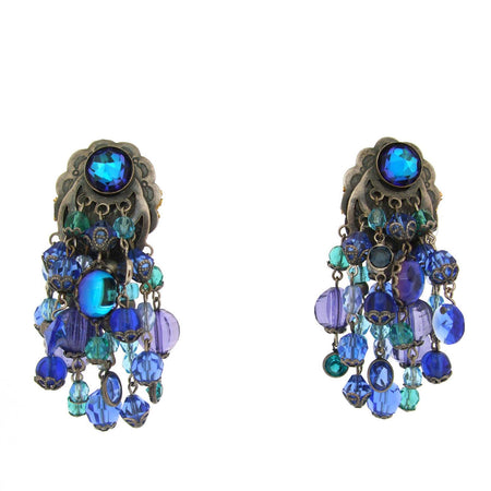 Askew London Chandelier Clip on Earrings Blue Beaded Silver Large - The Hirst Collection