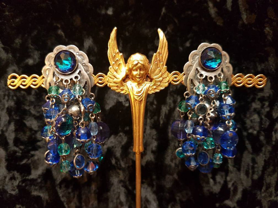 Askew London Chandelier Clip on Earrings Blue Beaded Silver Large - The Hirst Collection