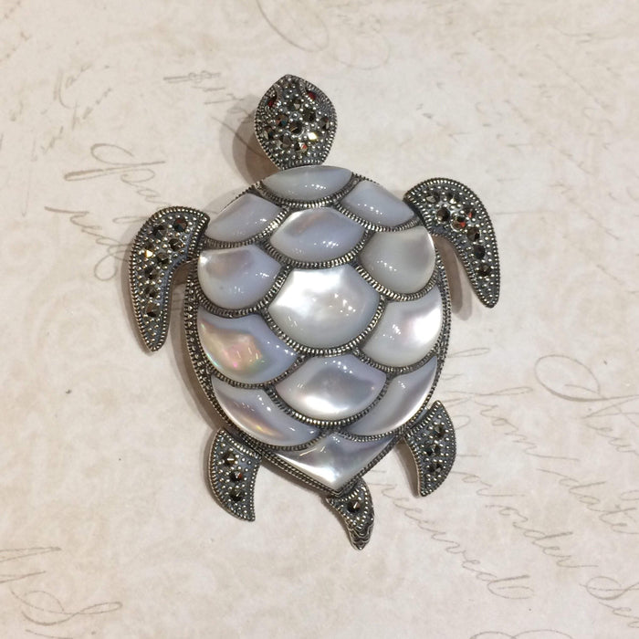 Mother of Pearl Turtle Brooch silver Marcasite - The Hirst Collection