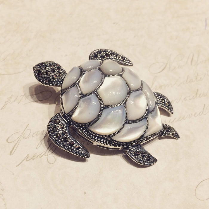 Mother of Pearl Turtle Brooch silver Marcasite - The Hirst Collection