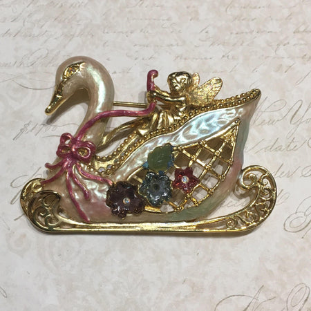 Kirks Folly Swan Princess Cherub on Sleigh Brooch - The Hirst Collection