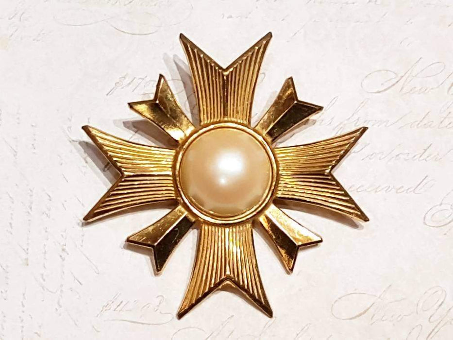 Vintage Miriam Haskell Gold and Pearl Maltese Cross Brooch Signed - The Hirst Collection