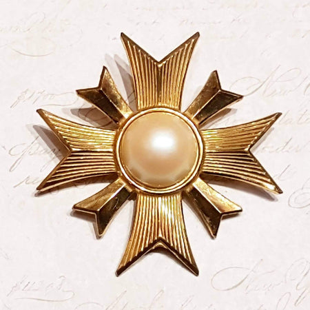 Vintage Miriam Haskell Gold and Pearl Maltese Cross Brooch Signed - The Hirst Collection