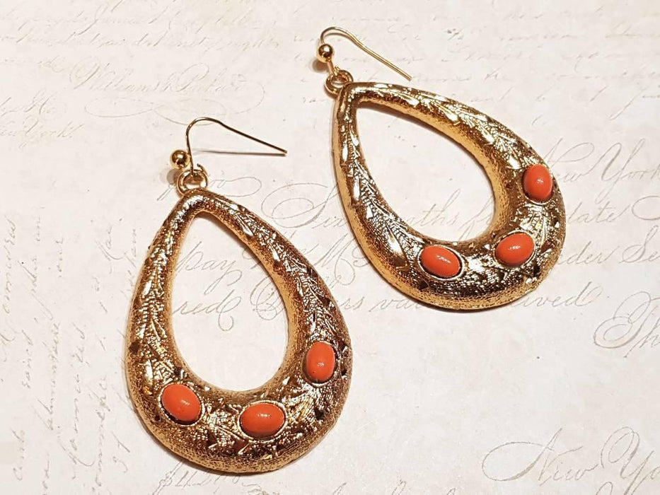 Hoop Earrings Teardrop Gold Coral Stones Pierced by Sardi - The Hirst Collection