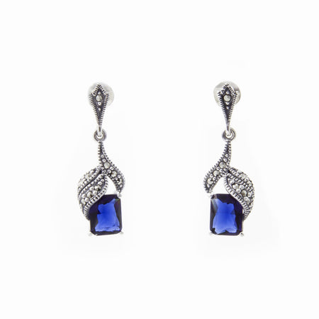 Silver Marcasite Sapphire Earrings Blue Crystal Bridal - The Hirst Collection