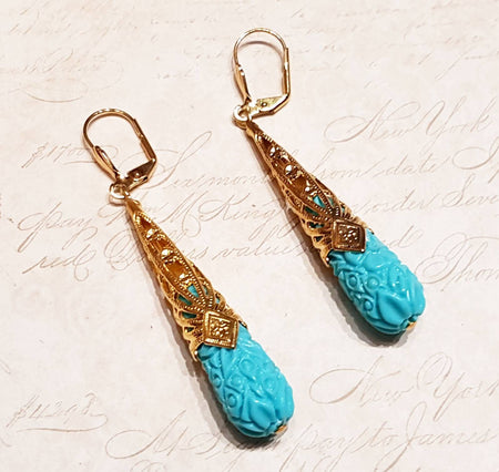 Turquiose glass tear drop earrings Art Nouveau Design gold plated - The Hirst Collection